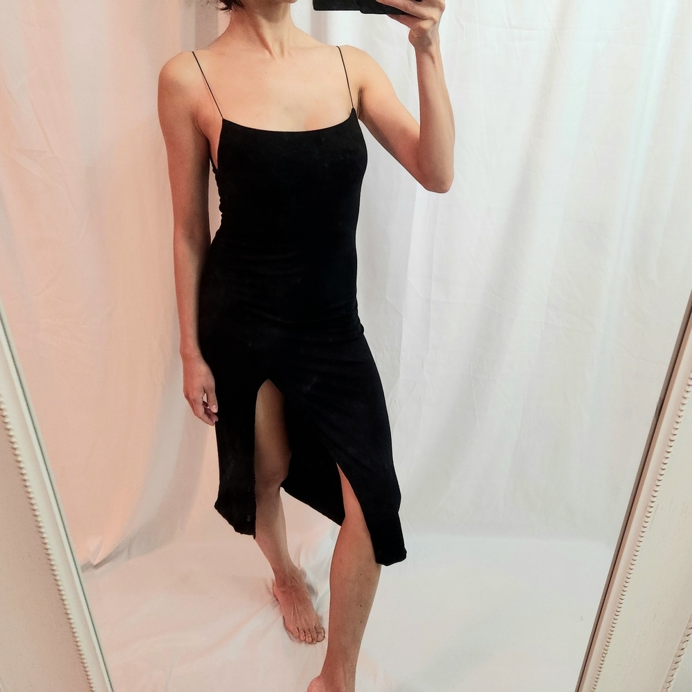 Elegant Black Spaghetti Strap Dress Sleeveless Sweetheart Slit Midi Knit Ribbed